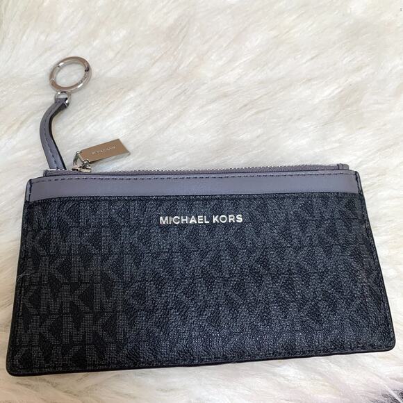 MICHAEL KORS Jet Set Travel Black/Gray Logo Flat Euro Card Case Wallet w/Keyring - Picture 15 of 15